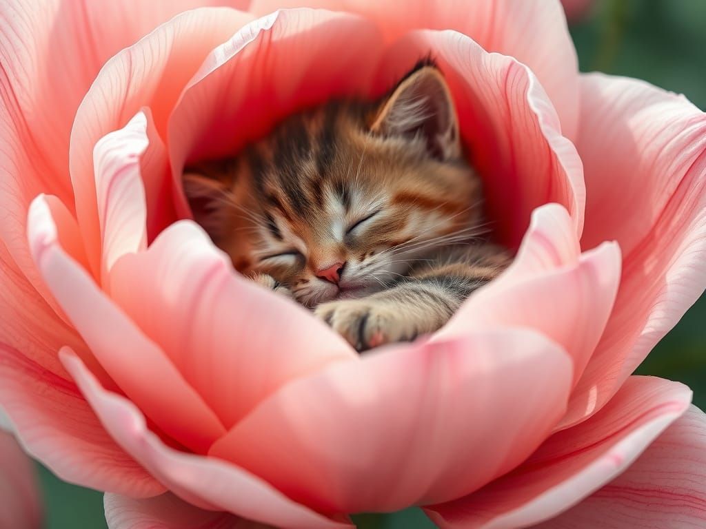 Adorable Kitty Snoozes in Vibrant Flower, Beatrix Potter Sty...