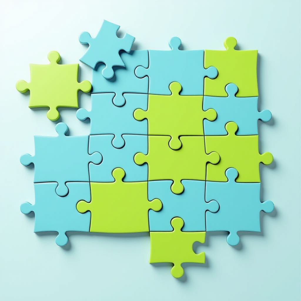 Minimalist Puzzle Pieces in Pale Blue, Grey, and Lime Green