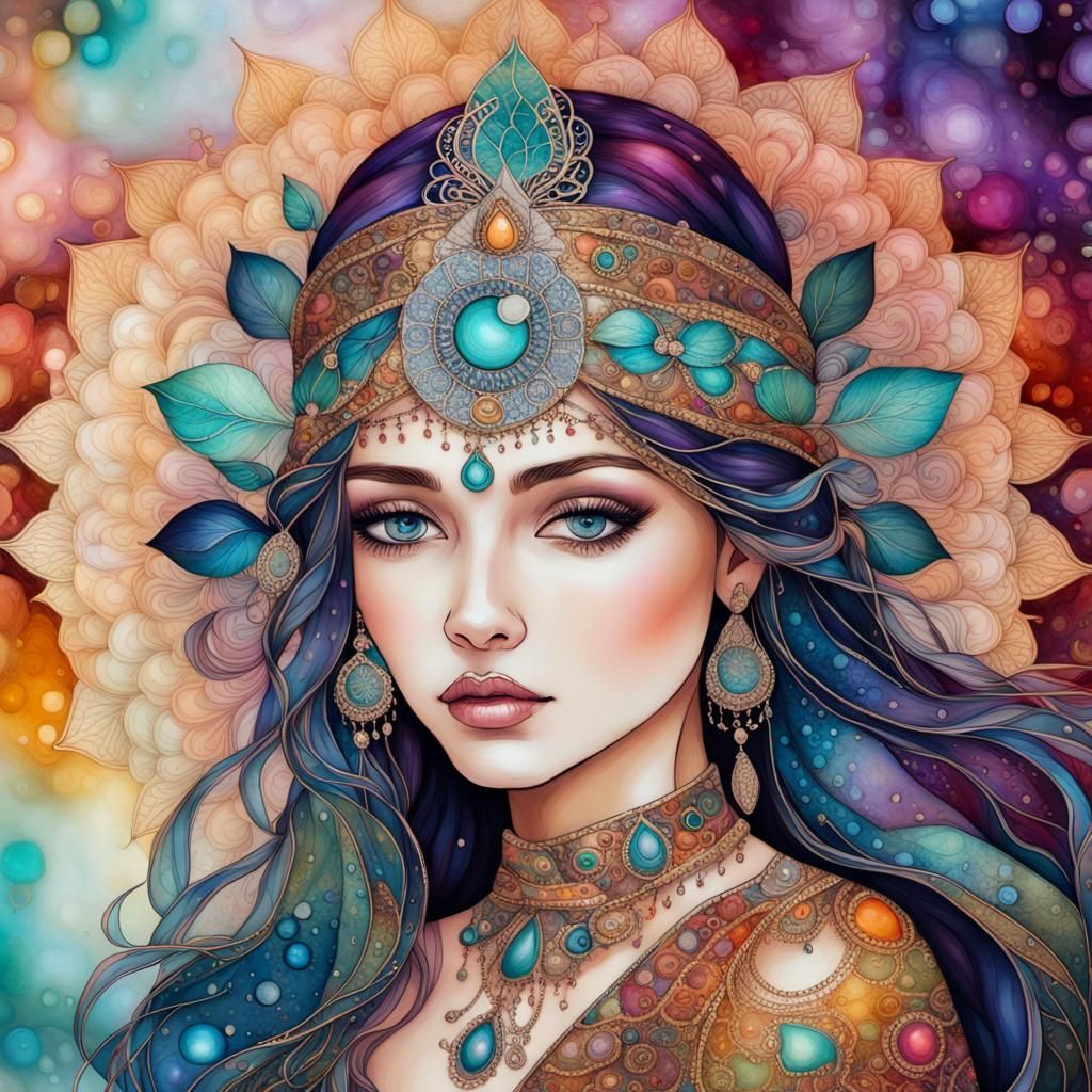 Dreamlike Indian Princess in Klimt-Inspired Alcohol Ink