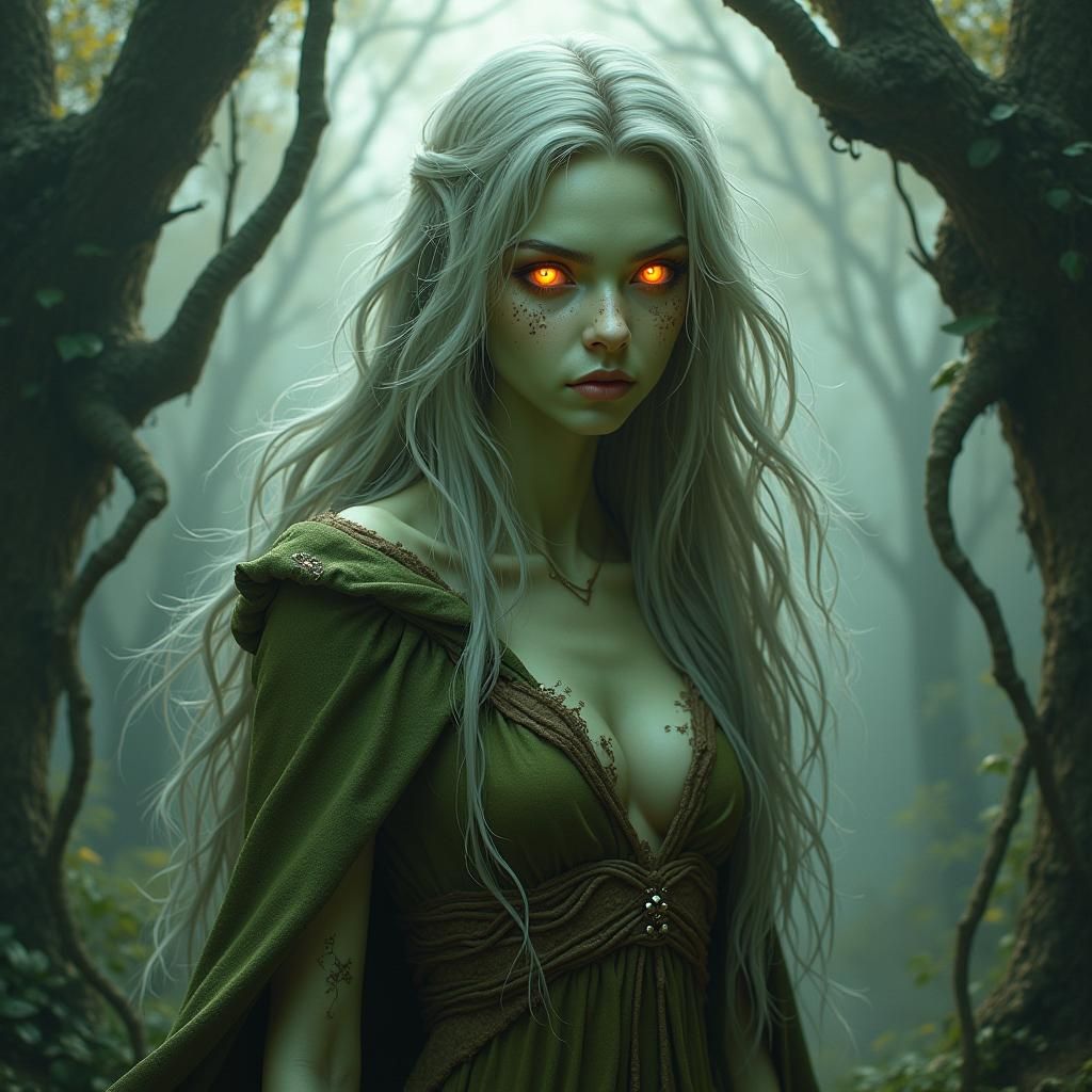 Mystical Green-Skinned Druid Witch with Silver Hair