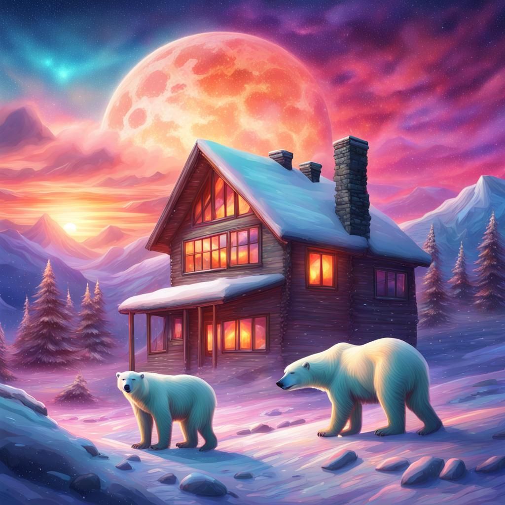 Mountain Sunset with Polar Bears in Astral Illustration