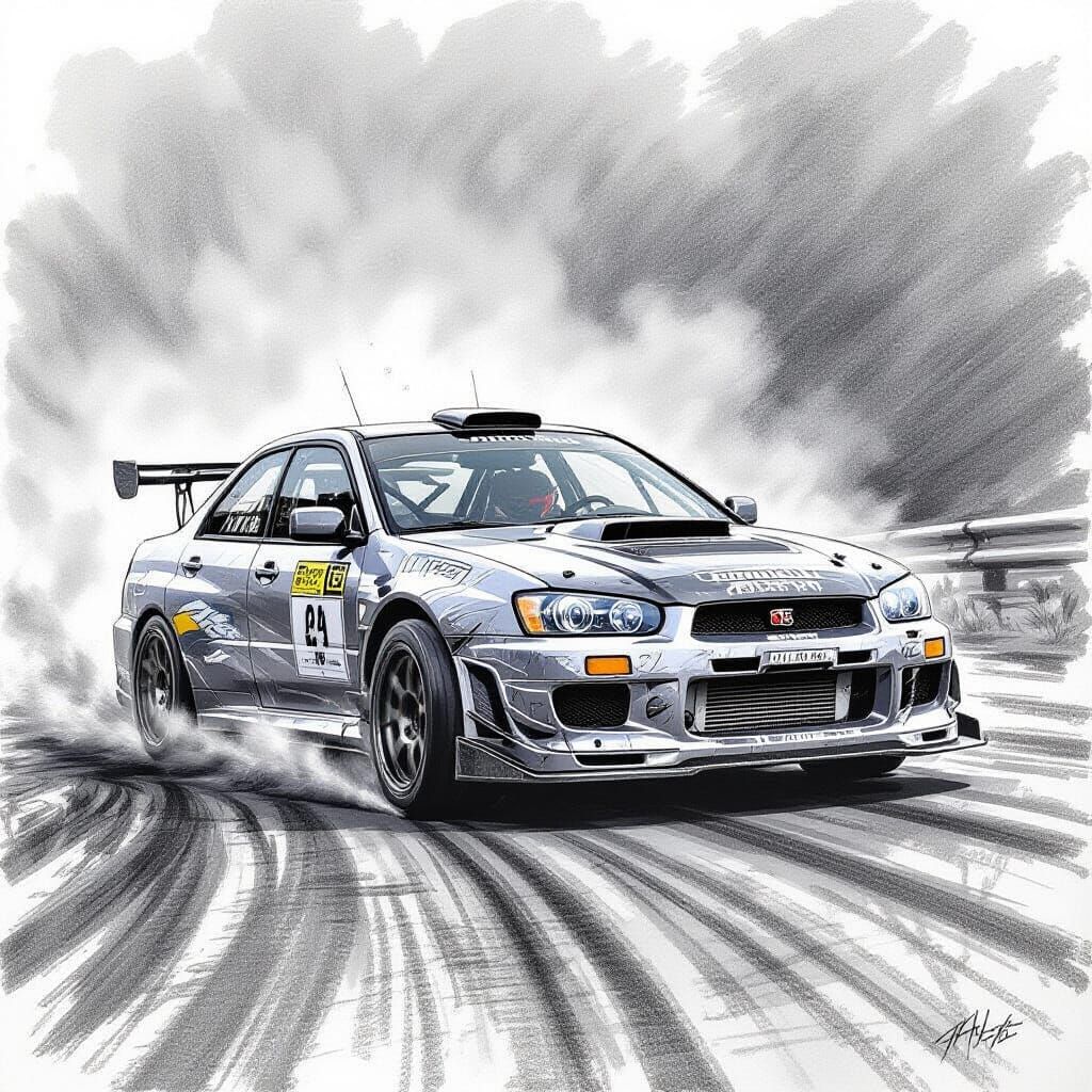 Hyperdetailed Charcoal Drawing of Drift Modded Cars