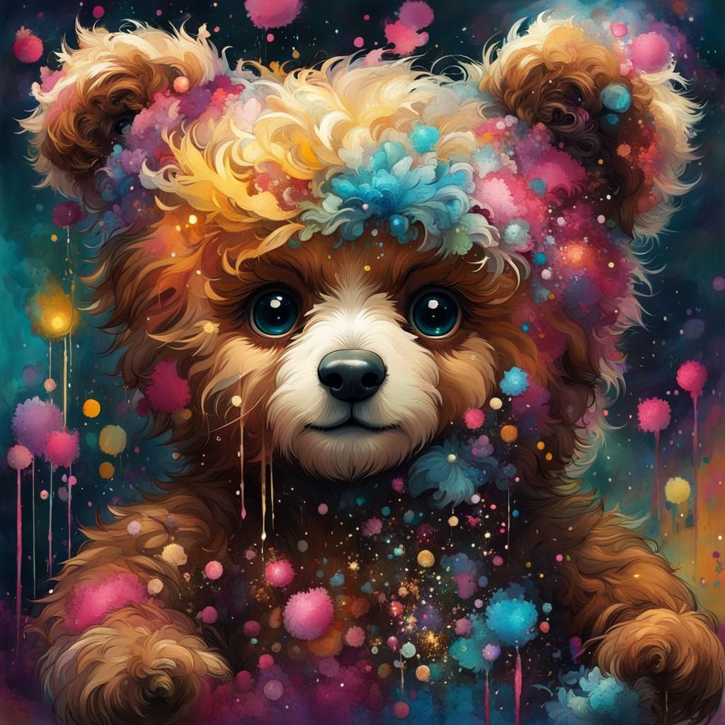 Adorable Teddy Bear with Big Eyes, Maximalist Art