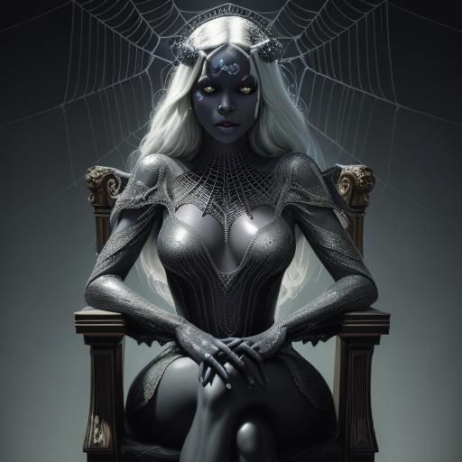 Drow Queen on Metallic Throne in Vintage Style