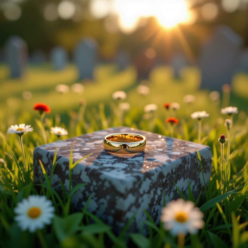 Golden Ring on Headstone in Overgrown Cemetery