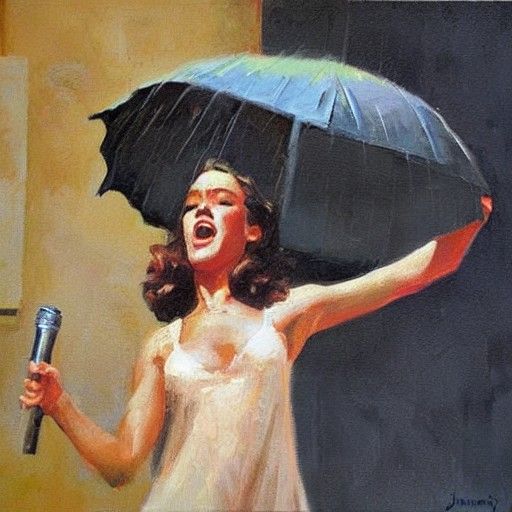 Woman Singing in Rain: Oil Painting