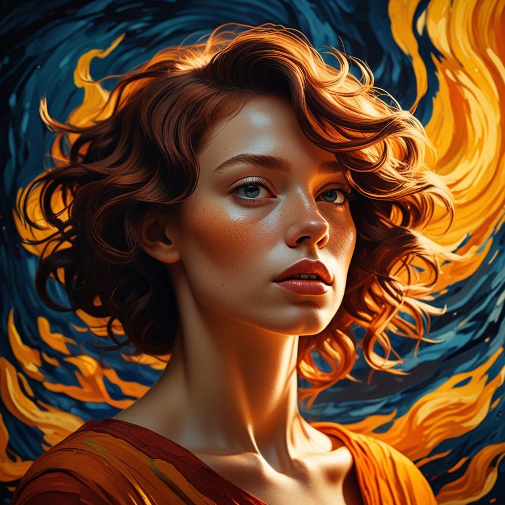 Mysterious Woman Enveloped in Shadows, Fiery Background