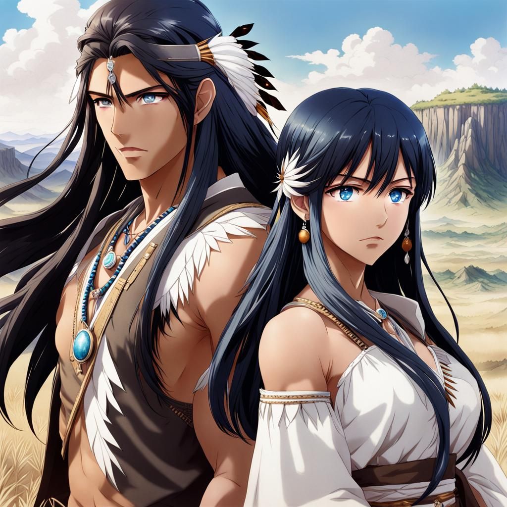 Native Americans in Anime Style on Barren Land
