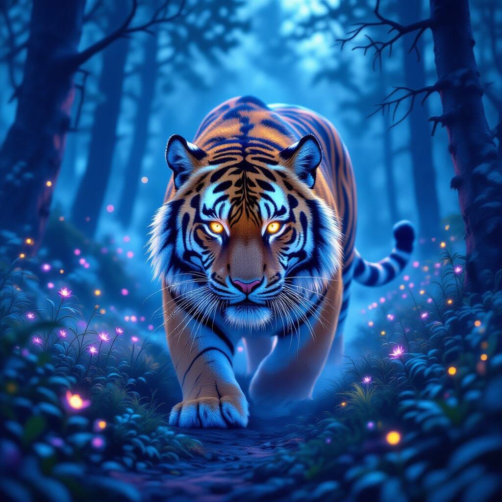 Cosmic Siberian Tiger in Enchanted Twilight Forest