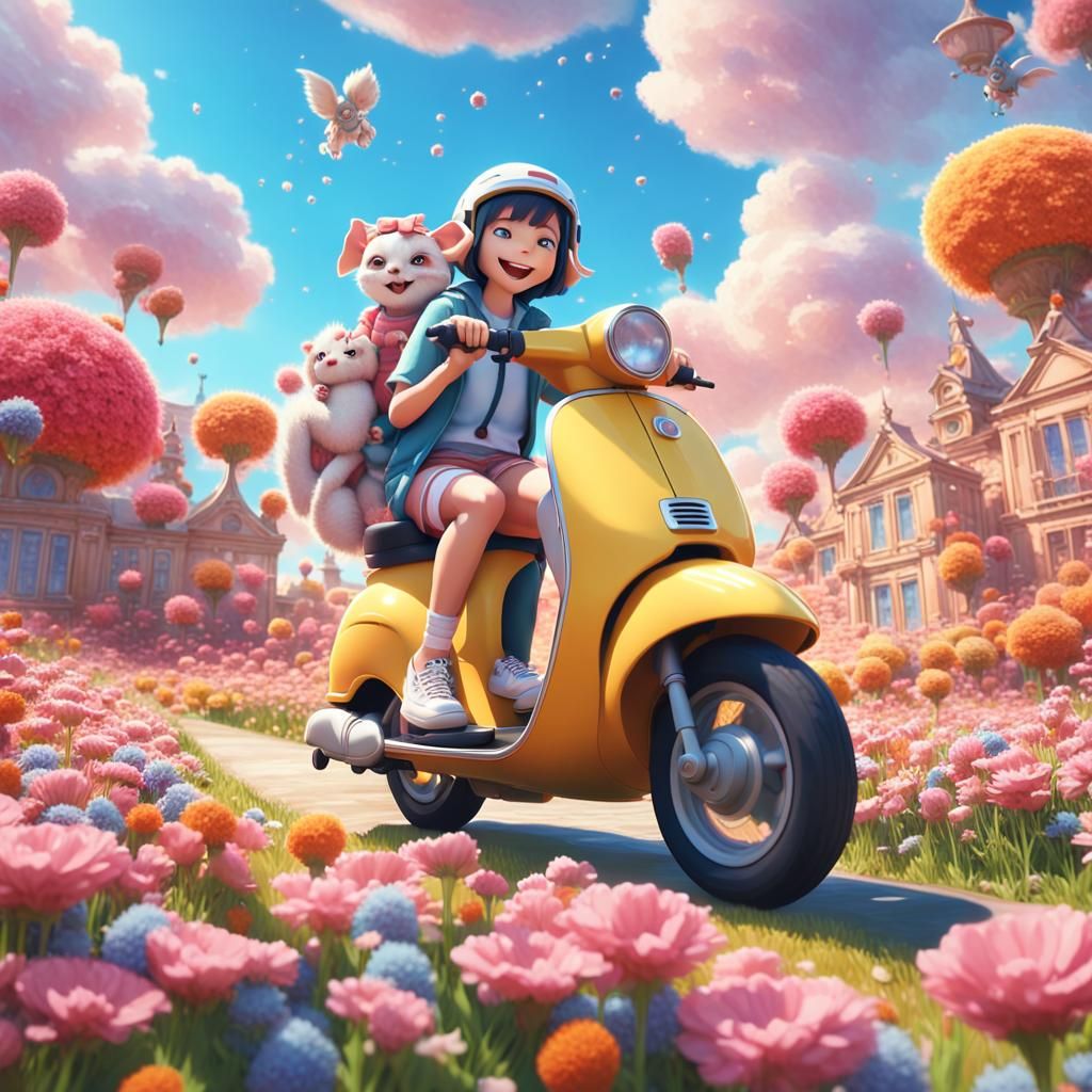 Anime Girl on Scooter in Flower Field: 3D Render