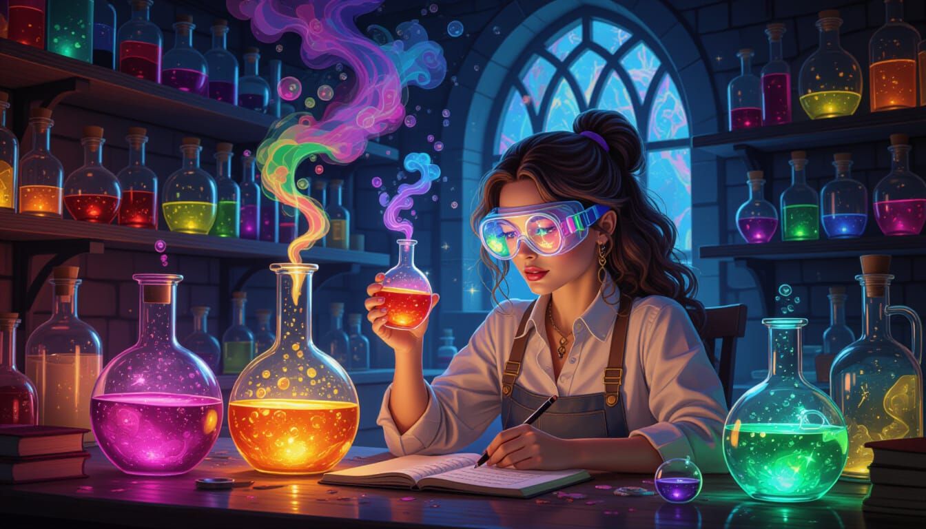 Potion Tester's Lab with Glowing Potions in Photorealistic F...