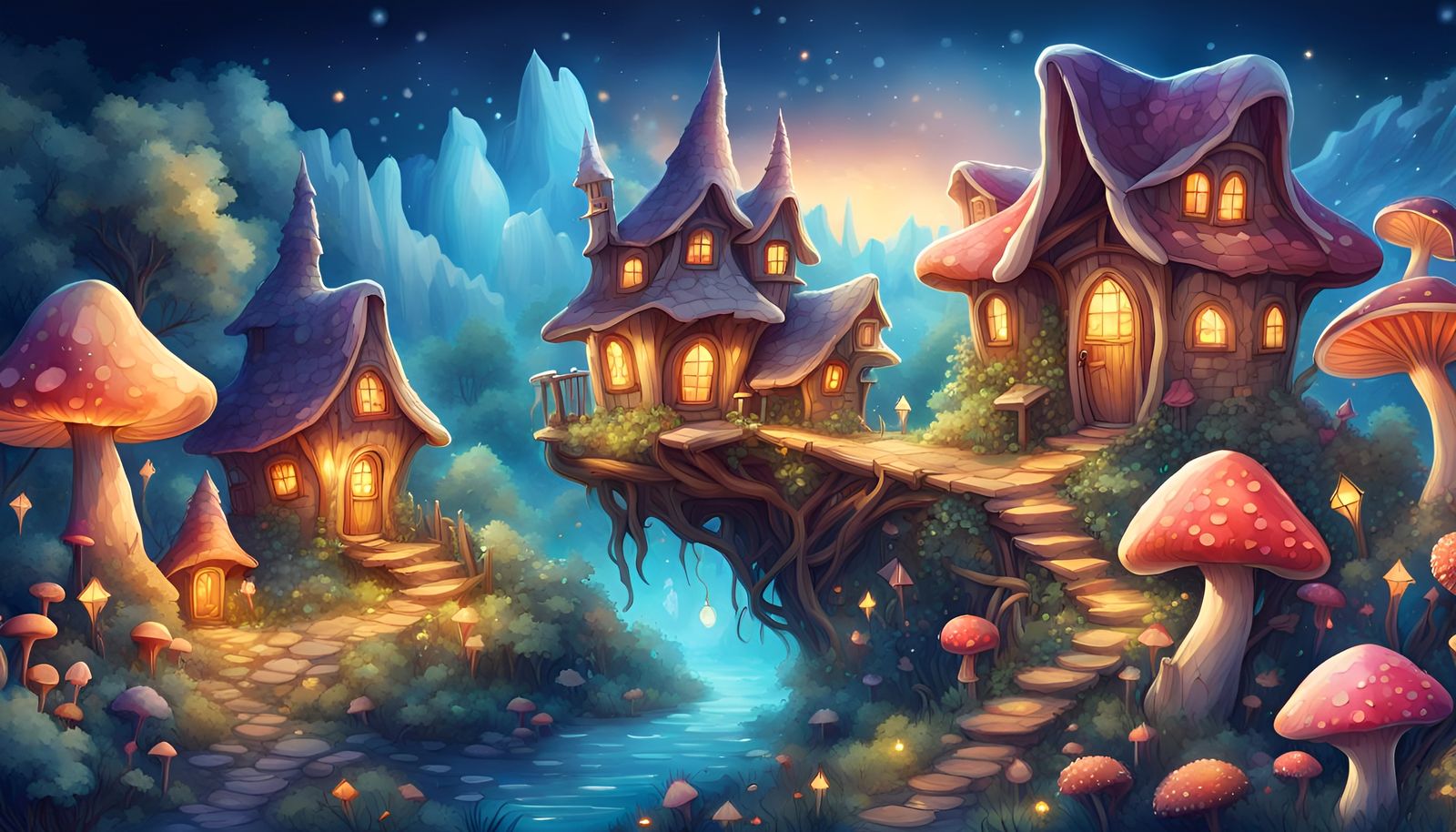 Colorful Fairy Village with Magic Sparkles in Watercolor