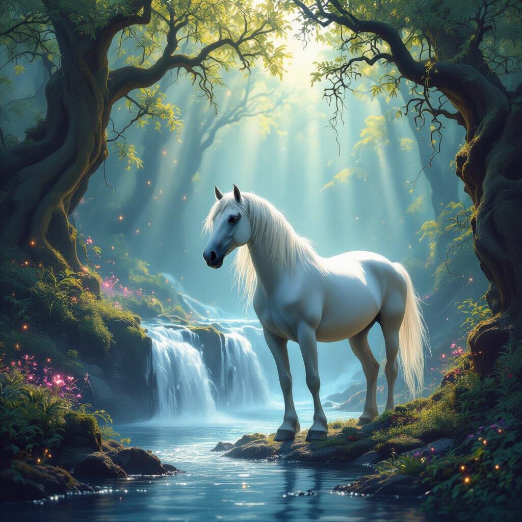 Majestic White Horse by Enchanted Waterfall