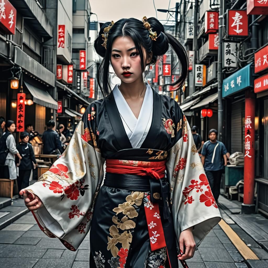 Japanese Woman in Kimono on Hibiya Street, Hyperrealistic
