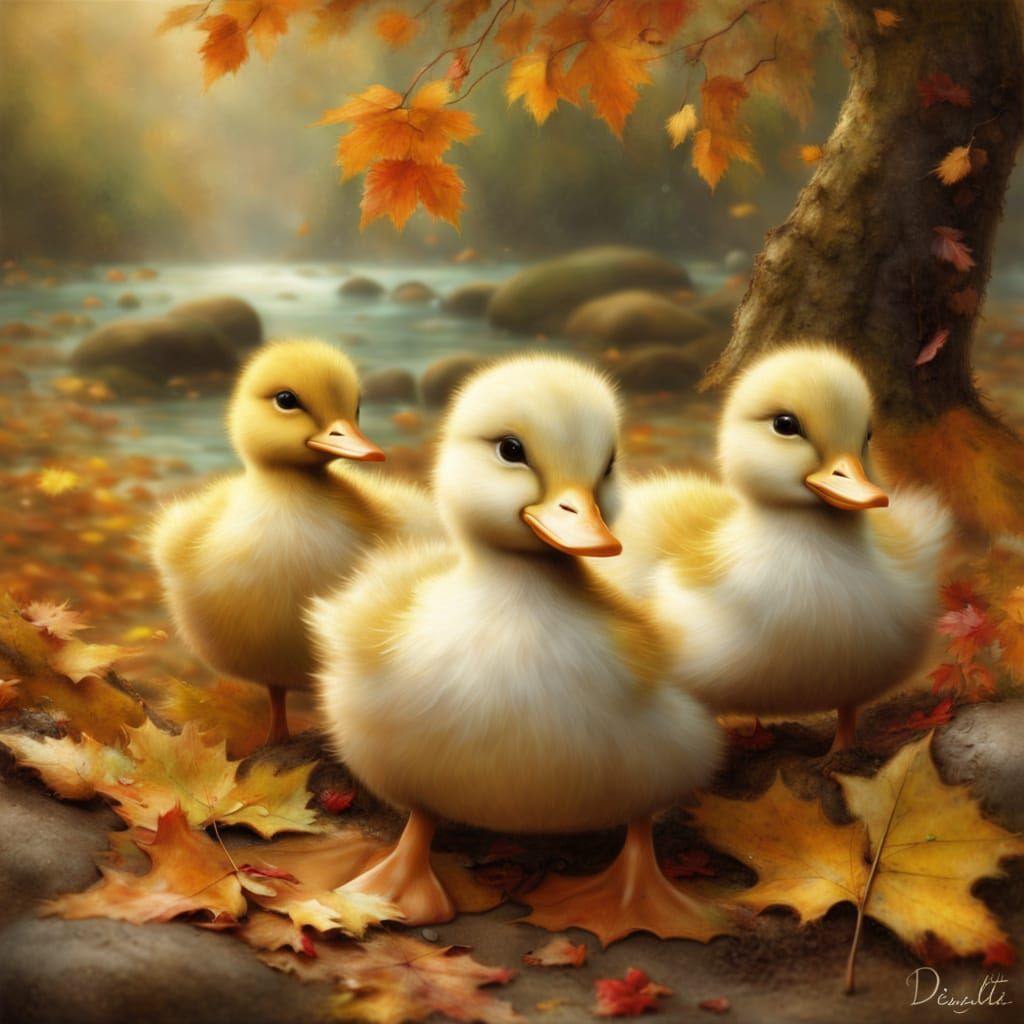 Adorable Ducklings Play in Autumn Leaves, Oil Painting Style