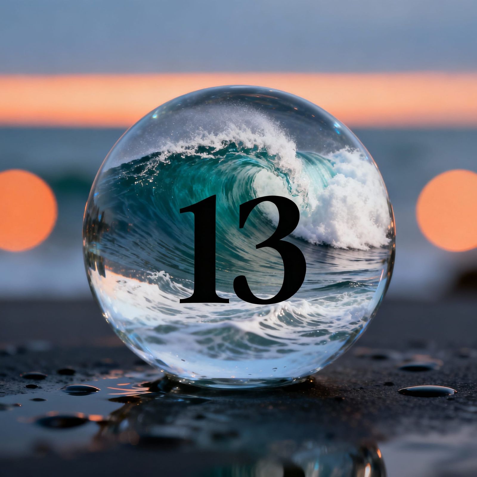 Crystal Ball Reflects Ocean Wave with "13"