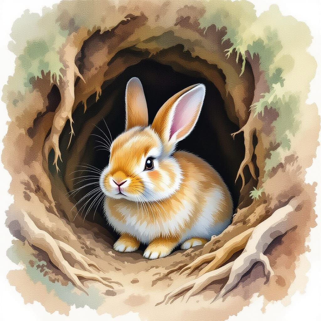 Cozy Rabbit Burrow in Delicate Watercolor Style
