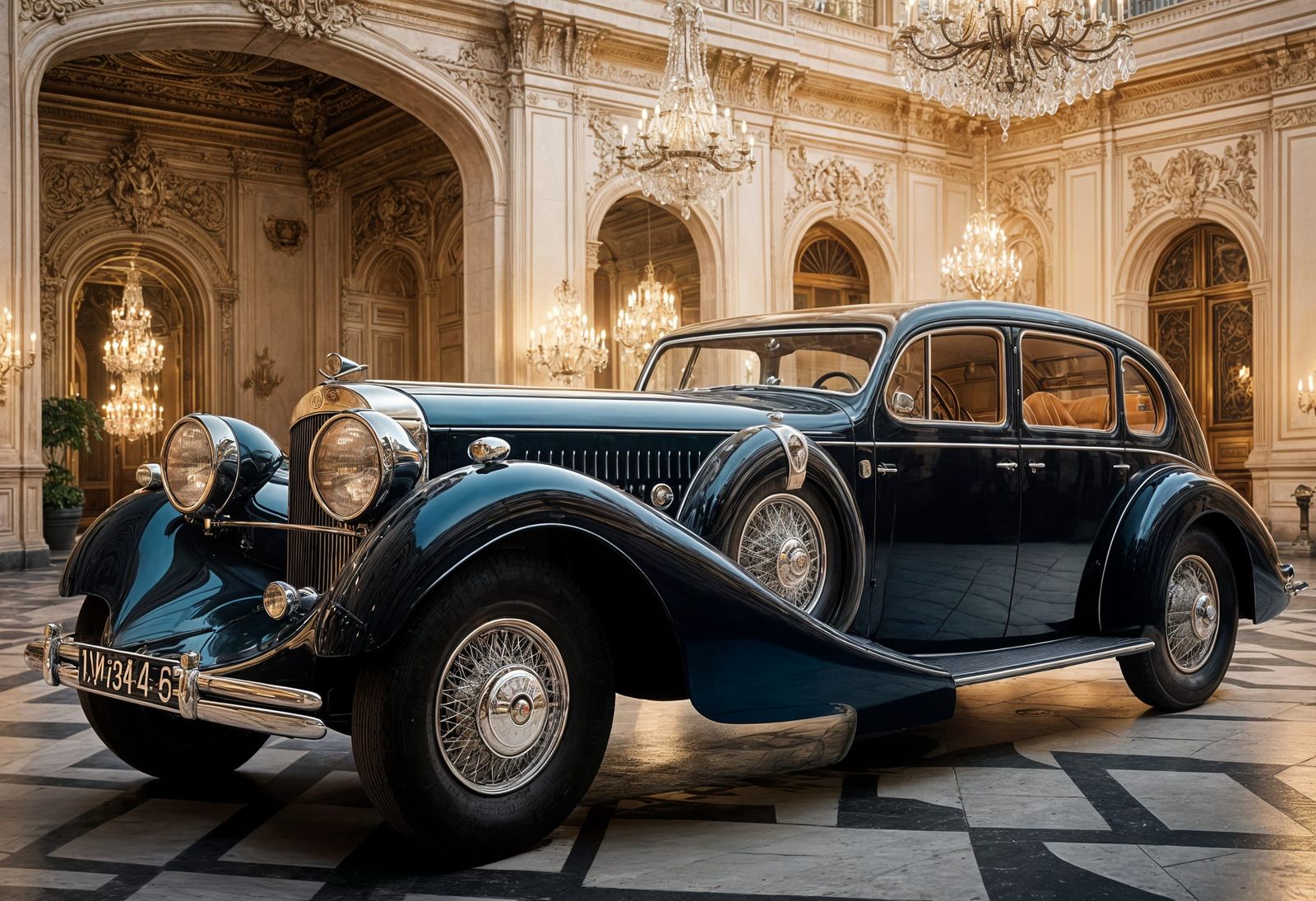 Luxury 1938 Coupé Limousine at Golden Hour in Palace Setting