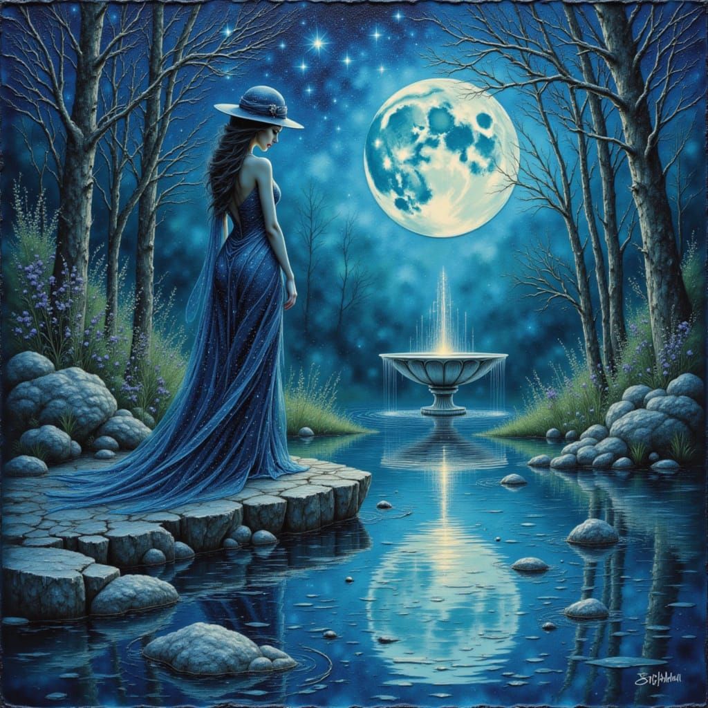 Solitary Sorceress by Moonlit Fountain in Watercolor Style