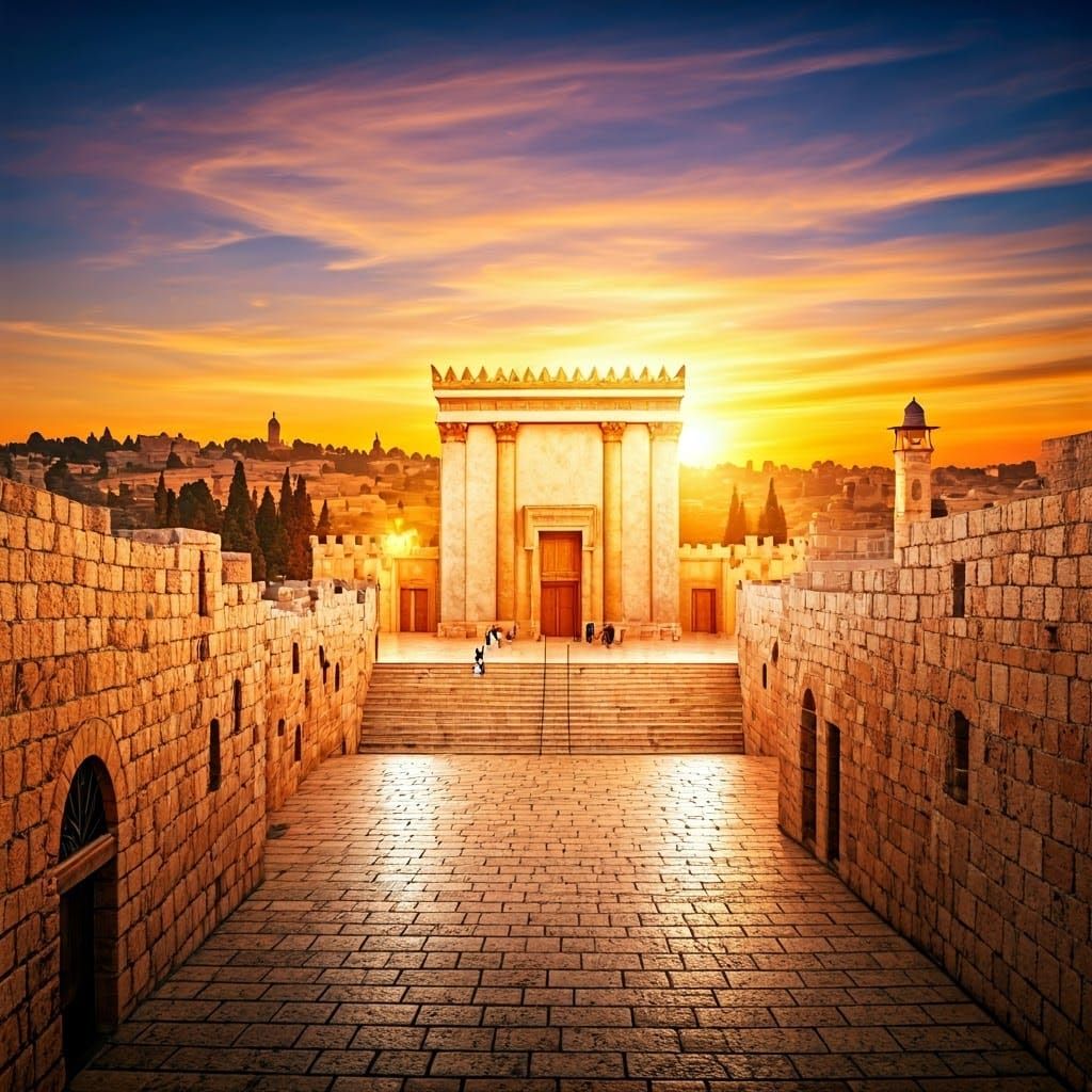 Temple in Jerusalem Radiates Golden Light at Sunset