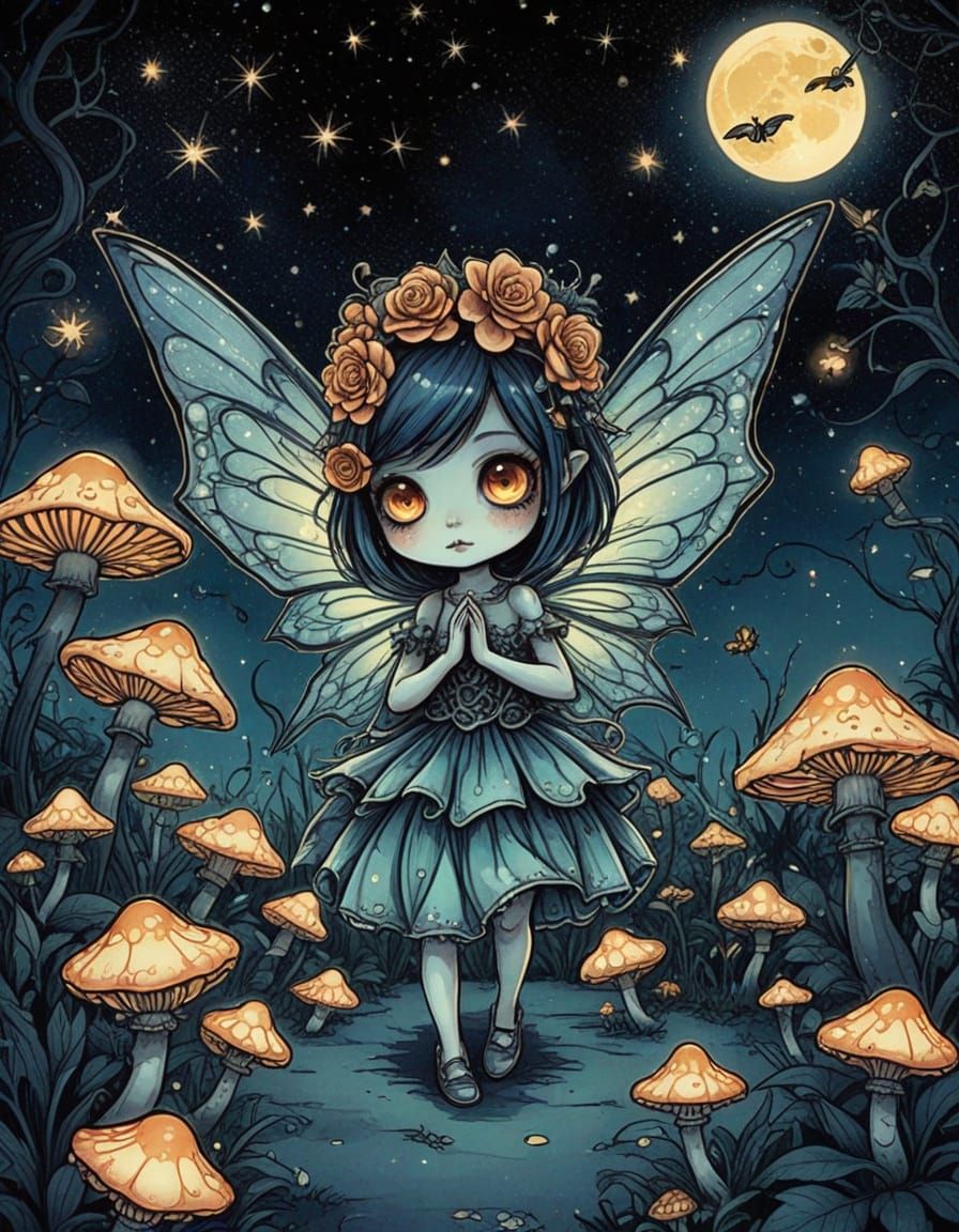Creepy Cute Chibi Fairy Monster in Garden