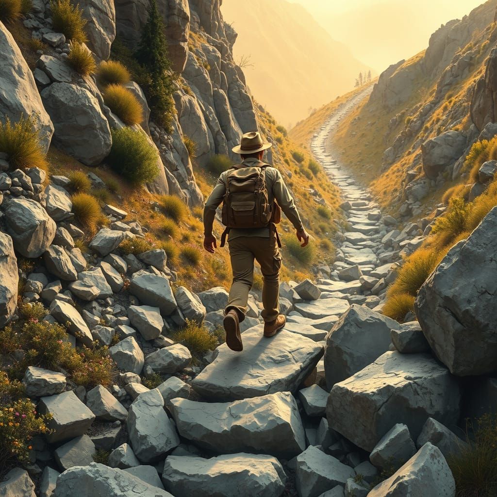 Young Adventurer Clears Path in Treacherous Gully Landscape