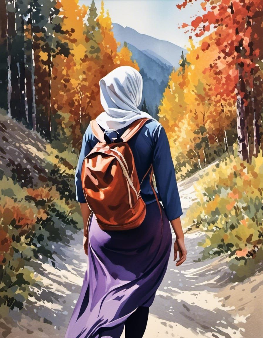 Alpine Hiker in Watercolor with Covered Face