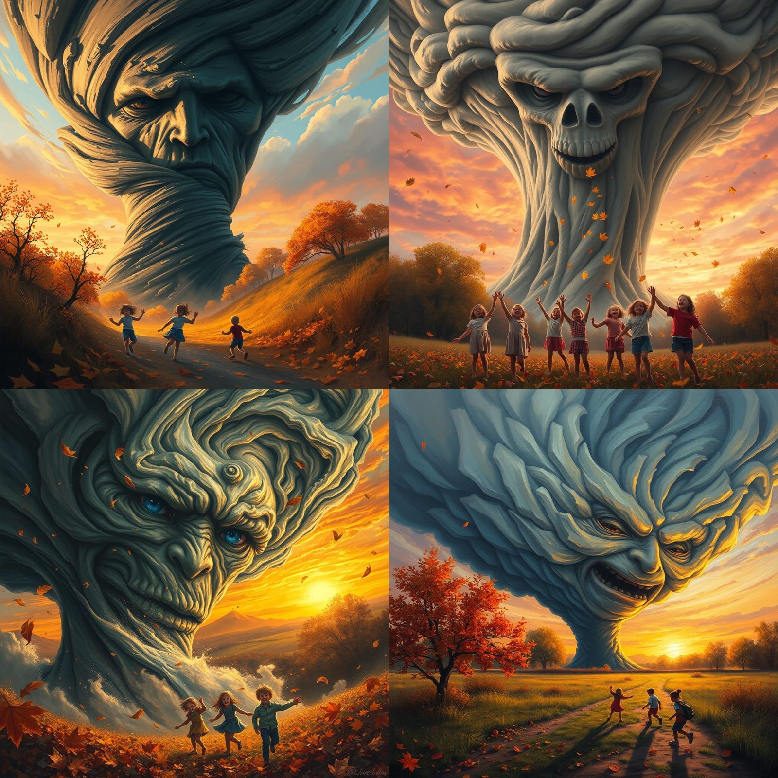 Tornado with Face Scatters Autumn Leaves