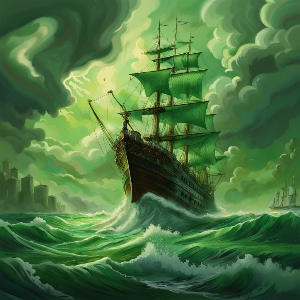 Epic Ship Sailing Through Green Sci-Fi Landscape