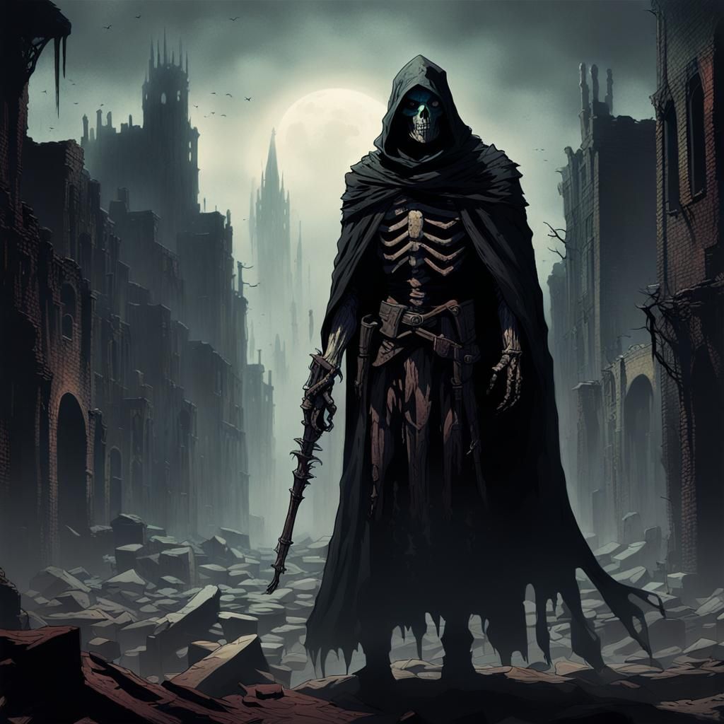 Eerie Wraith in Ruined Cityscape: Dark Fantasy Illustration