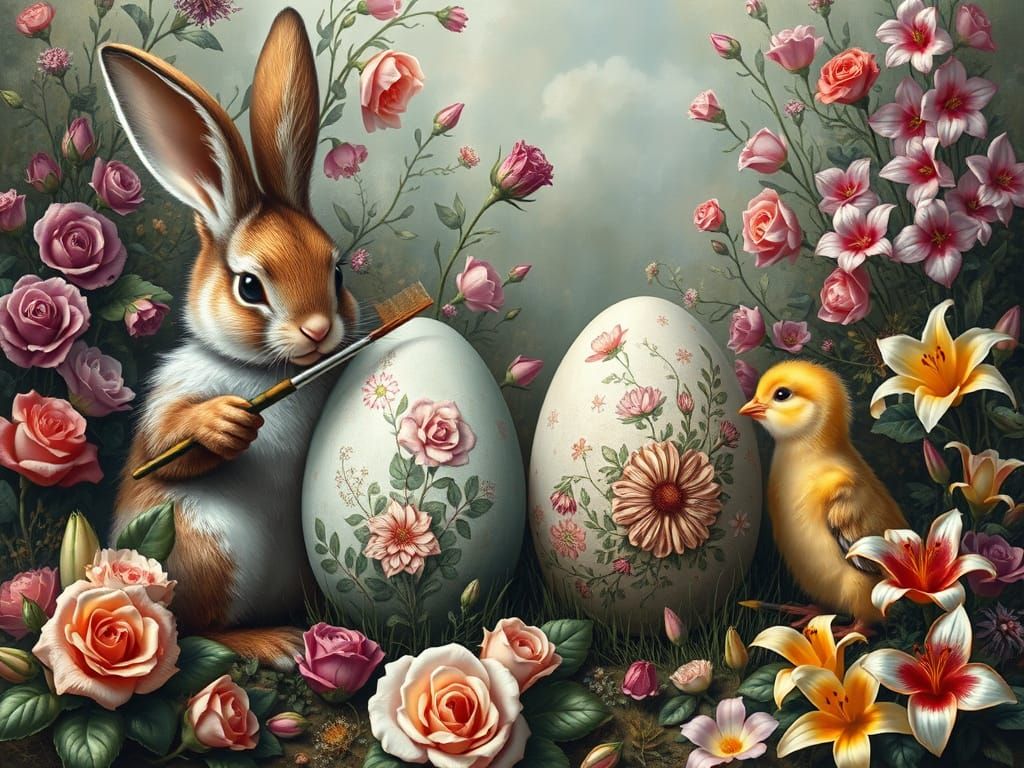 Whimsical Easter Scene with Bunnies Painting Eggs