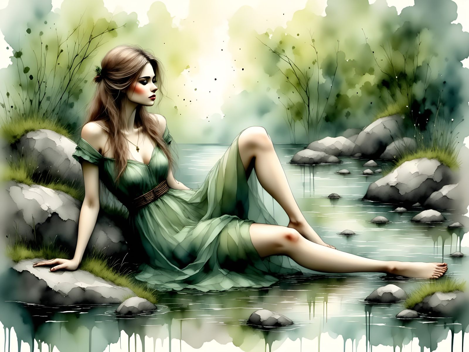 Watercolor Portrait of Norse Goddess in Woodland Stream