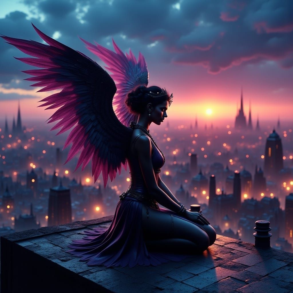 Dark Angel Kneeling on Rooftop in Pop Art Style