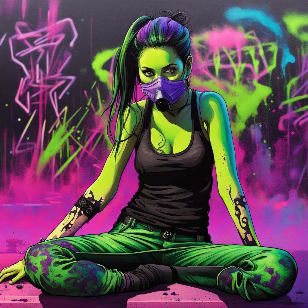 Goth Girl Spray Painting Graffiti in Neon Colors