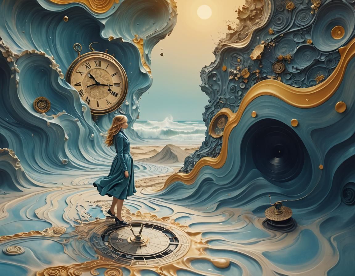 Surrealist Dreamscape with Melting Clocks and Fractal Waves