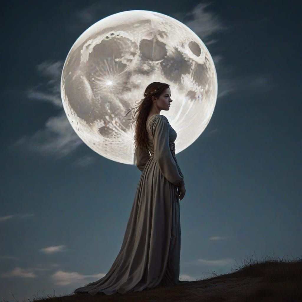 Medieval Woman Under a Bright Full Moon