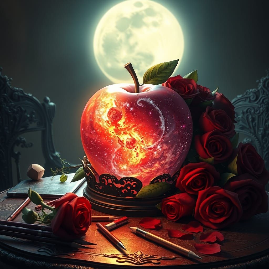 Majestic Galaxy Apple Surrounded by Roses, in 3D Anime Art