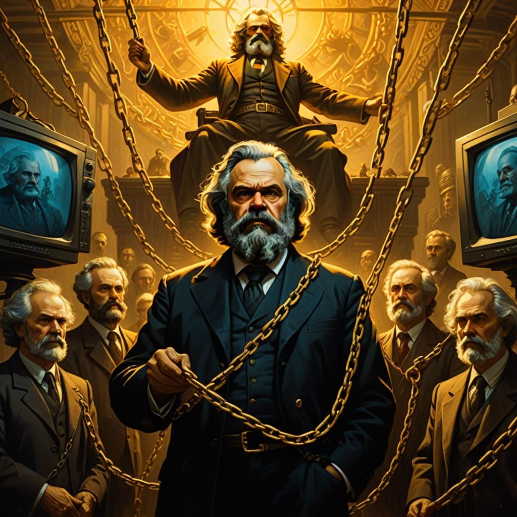 Marx Chains TV Reporters in Oil Painting