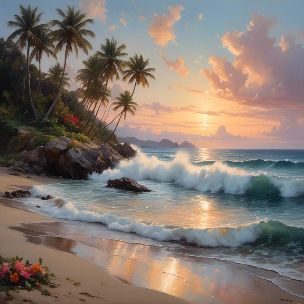 Tropical Beach with Watercolor Splash Art