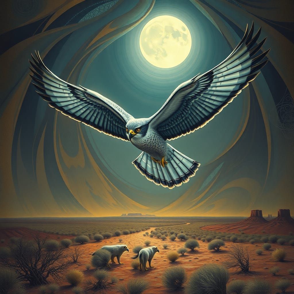 Falcon Soaring with Ethereal Glow in Surreal Art Deco