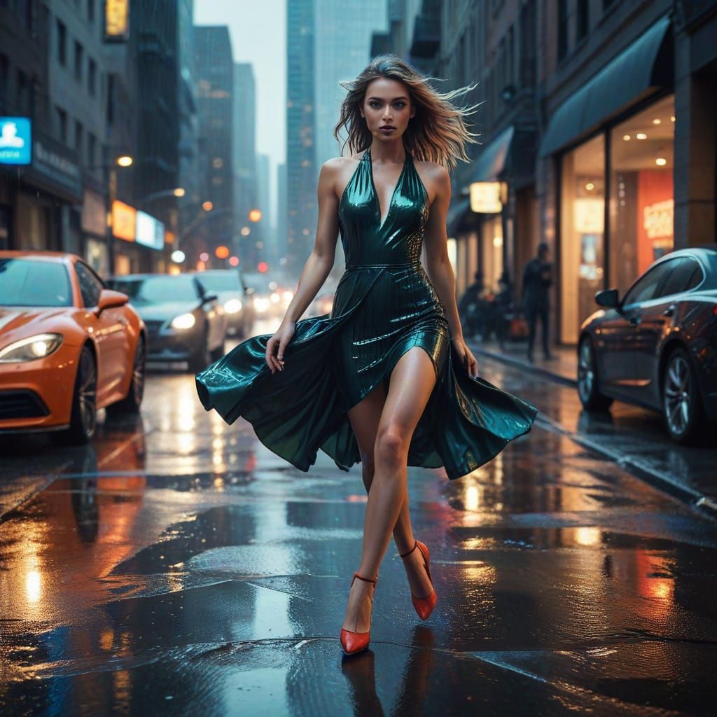 Fashionable Woman in Cityscape with Sports Car