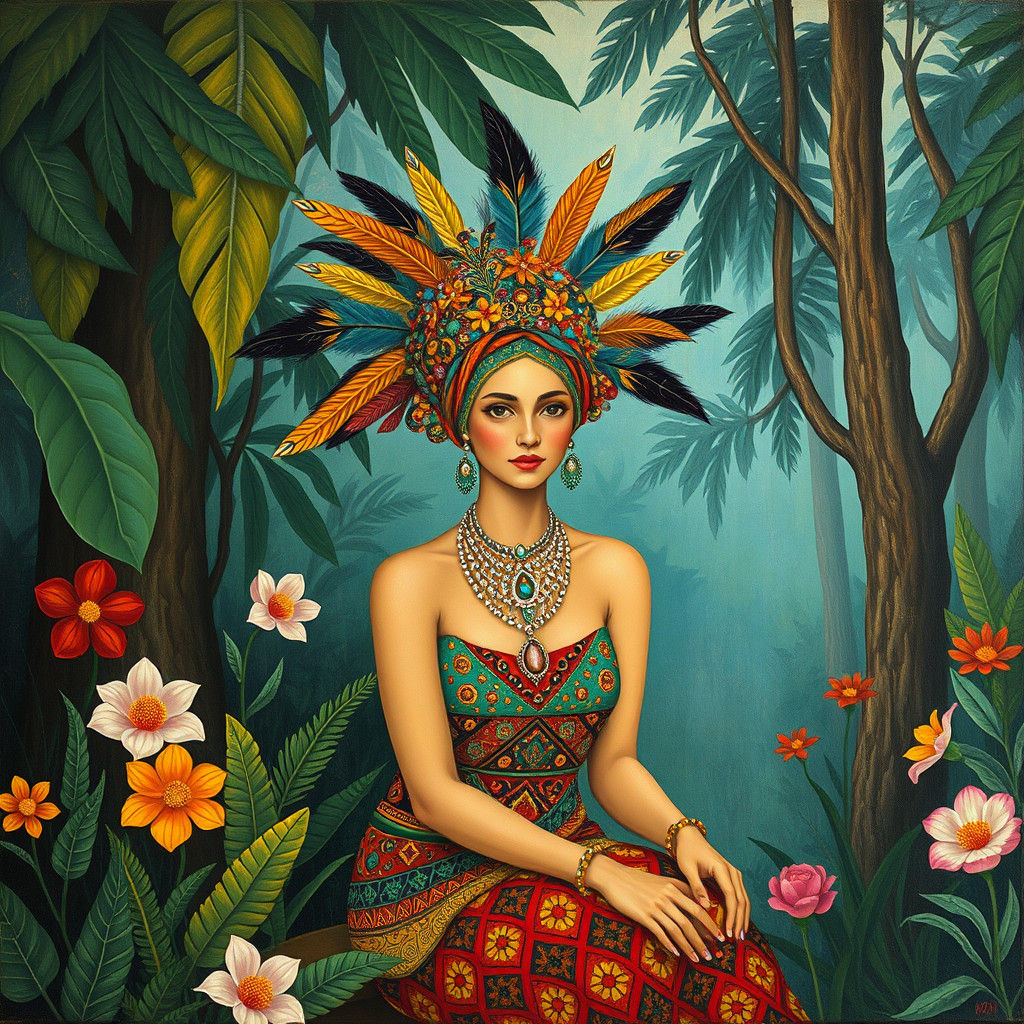 Woman in Turban: Naive Art Jungle Portrait