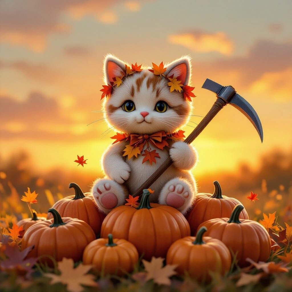 Whimsical Stuffed Cat Guardian with Autumn Harvest Sunset