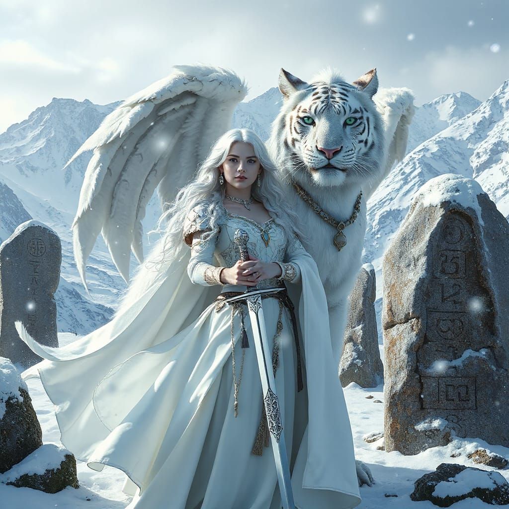 Celtic Warrior Princess with Tiger-Dragon in Snowy Landscape