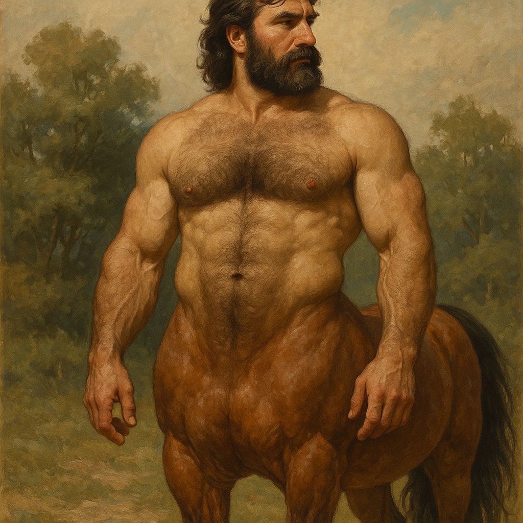 a centaur with a broad hairy chest
