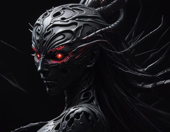 Obsidian Demon Doll Contorts in Void, Surreal Art