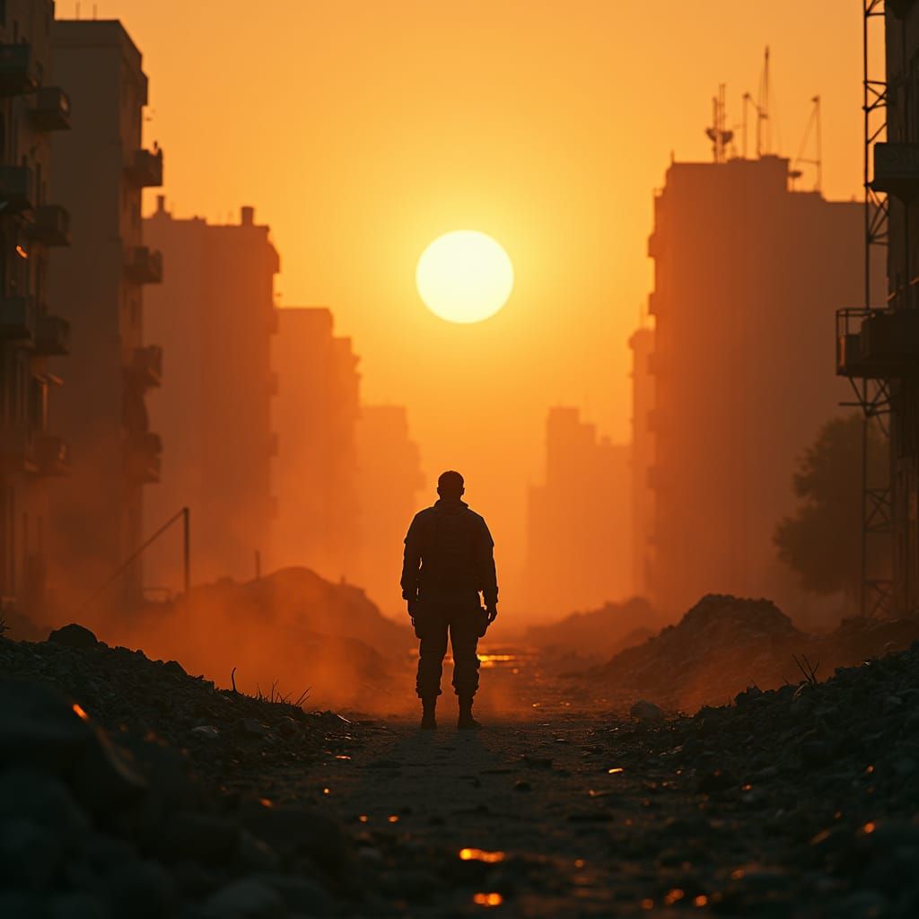 Hopeful Silhouette in War-Torn Cityscape