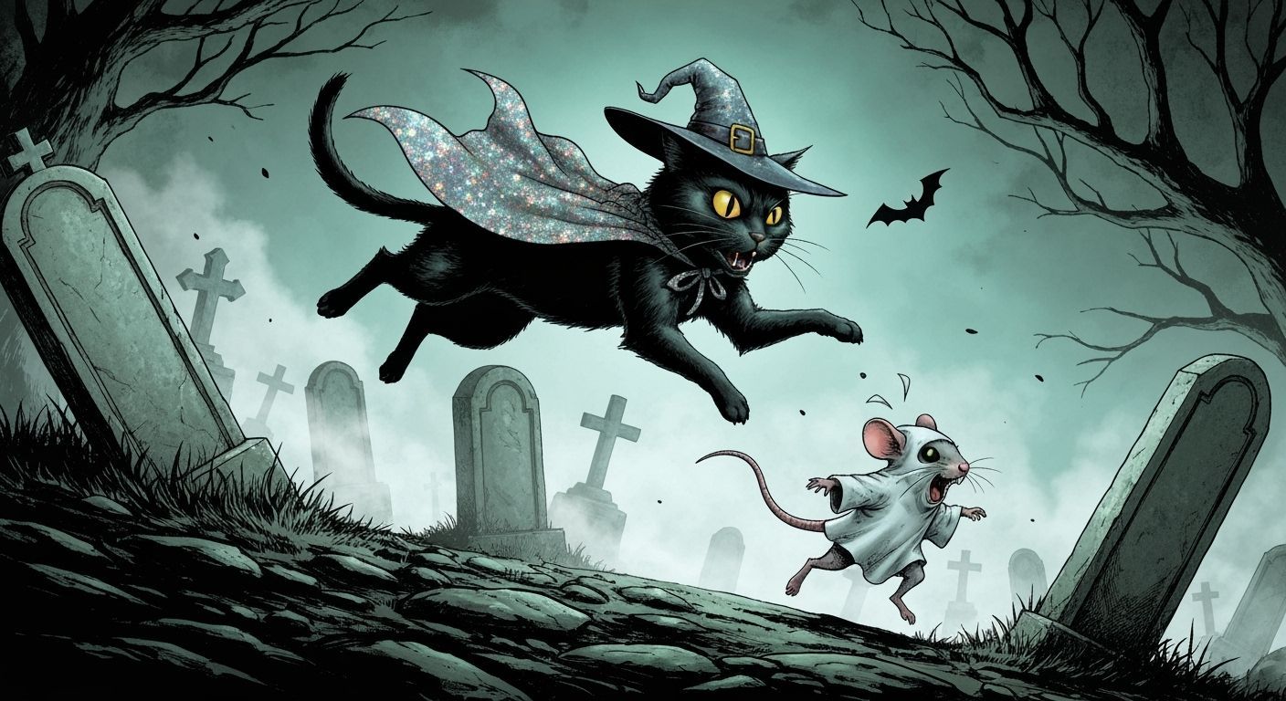 Mischievous Cat Chasing Mouse in Dark Fantasy Comic Style