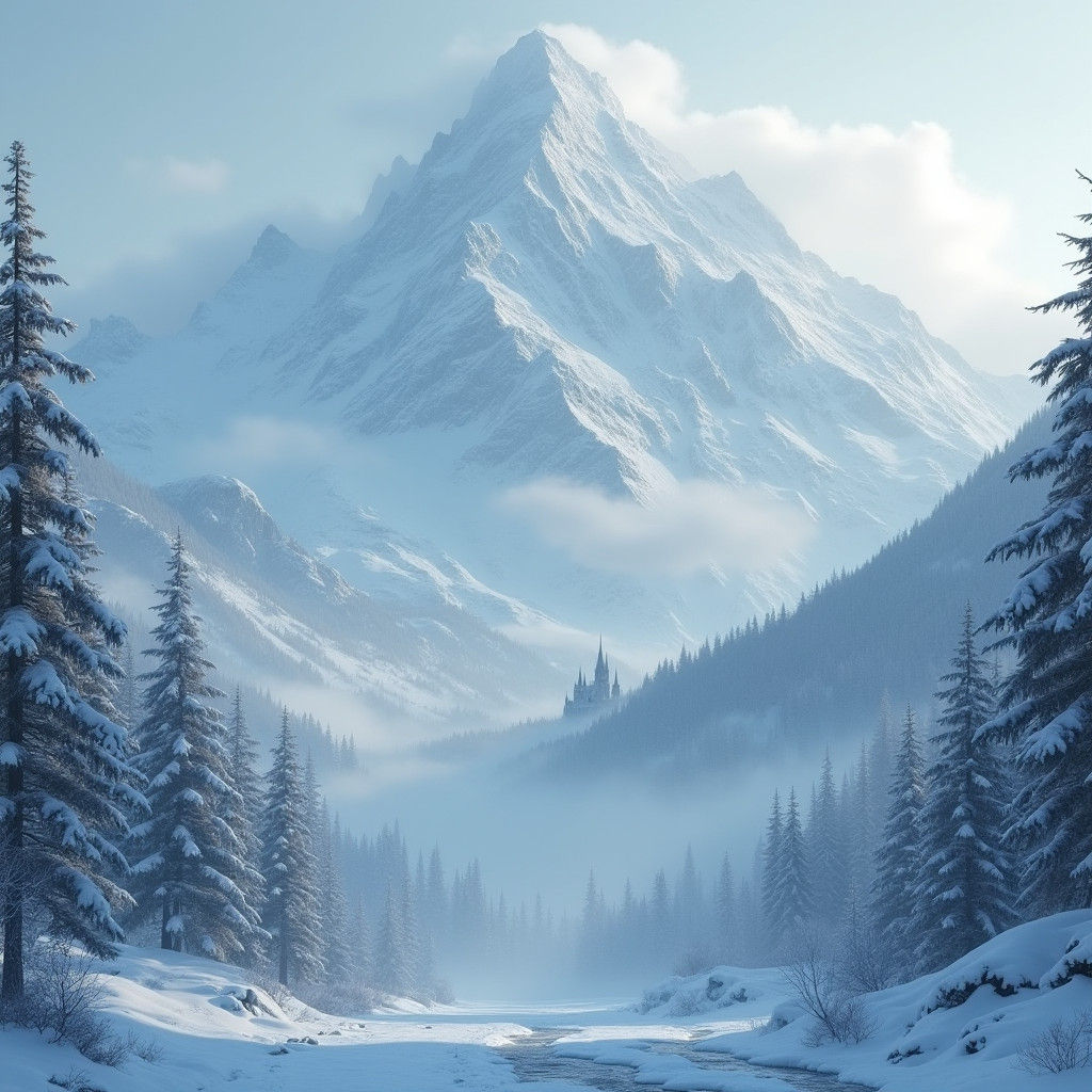 Surreal Winter Mountain Landscape with Hidden Castle