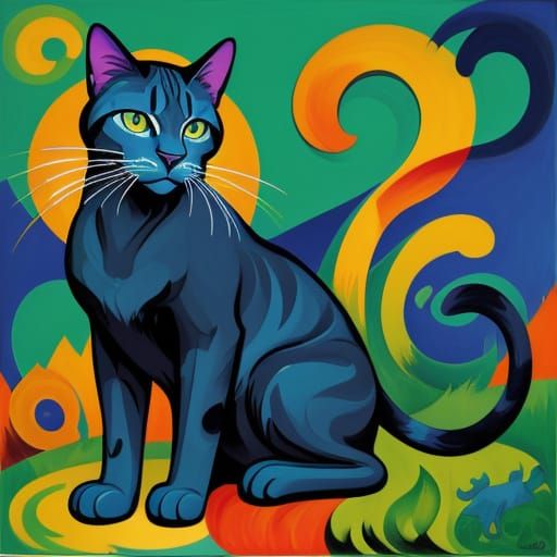 Blue Cat Oil Painting in Lush Field